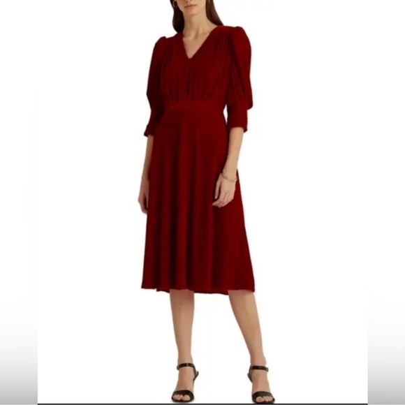 Lauren Ralph Lauren Deep Red Velvet Knee Length Dress - Picture 1 of 9